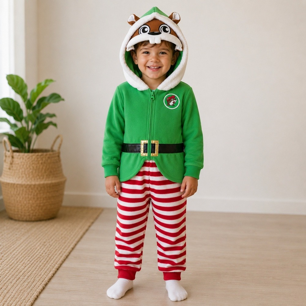 Buc-ee's One Piece‎ Pajamas Kids 3T Green Red Elf Beaver Costume Fleece Hooded